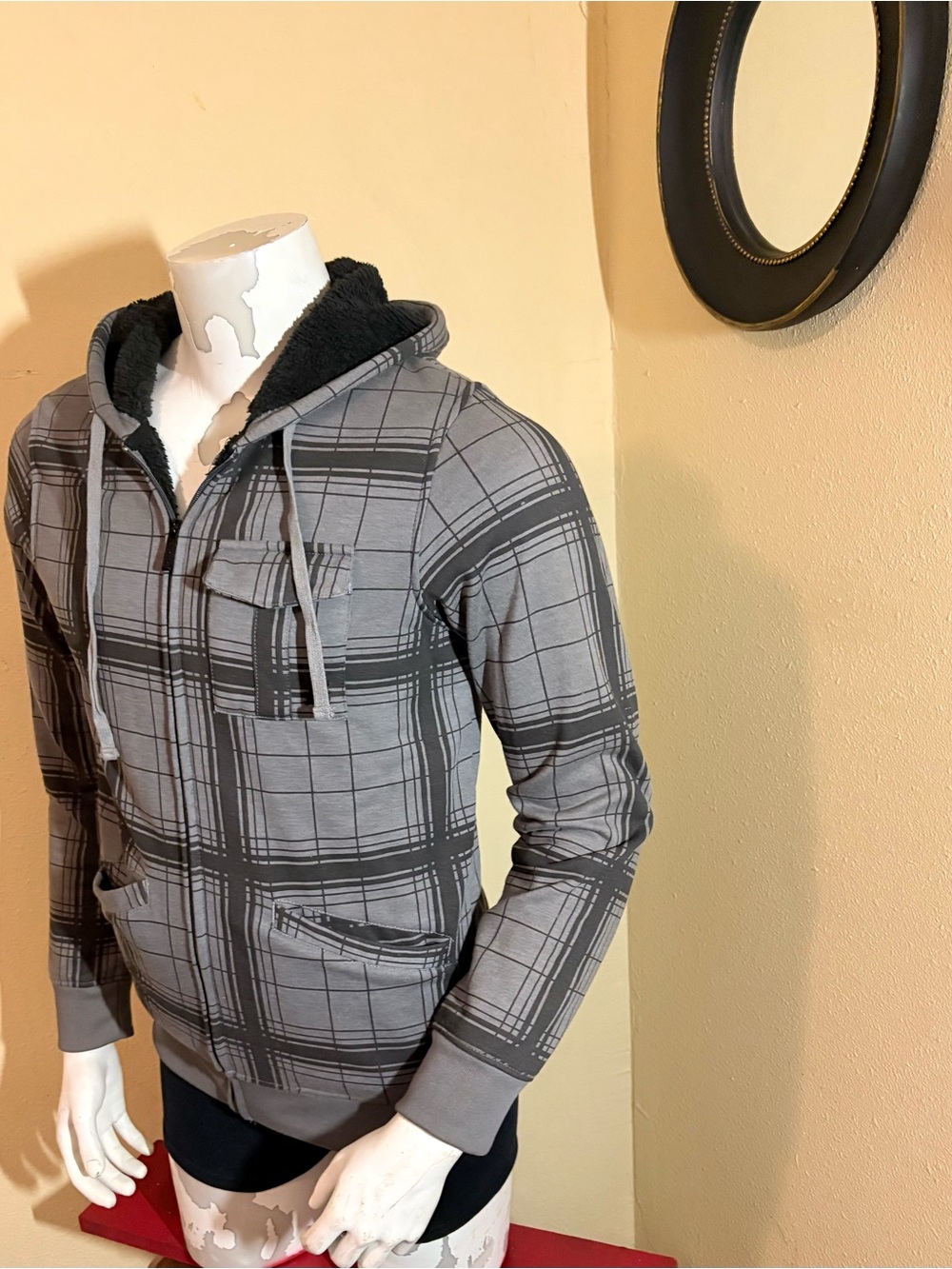Zoo York Gray Plaid Lightweight Zip Hoodie with Black Sherpa lined with Hood - Picture 2 of 5